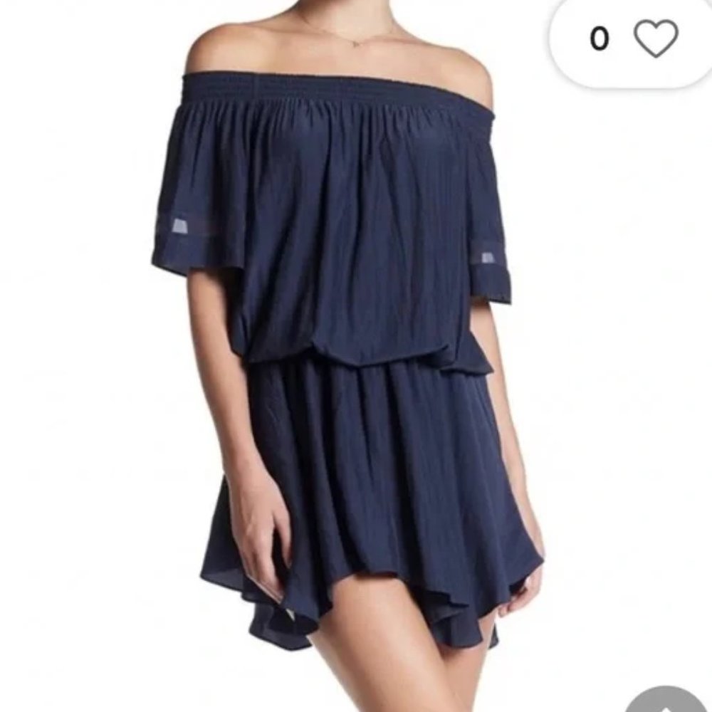 RAMY BROOK JESSICA SMOCKED OFF SHOULDER elastic waist navy blue mini dress sz L